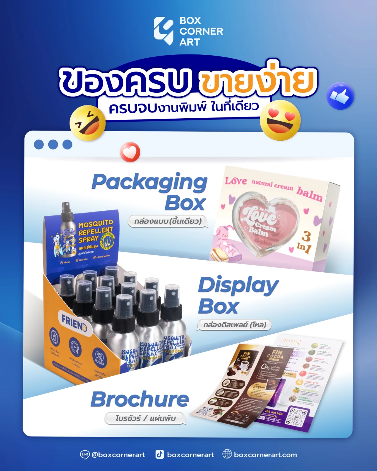 ตัวอย่างงานพิมพ์ครบวงจร ประกอบด้วยกล่องบรรจุภัณฑ์ กล่องดิสเพลย์ และโบรชัวร์ สำหรับสินค้าและแบรนด์ต่าง ๆ