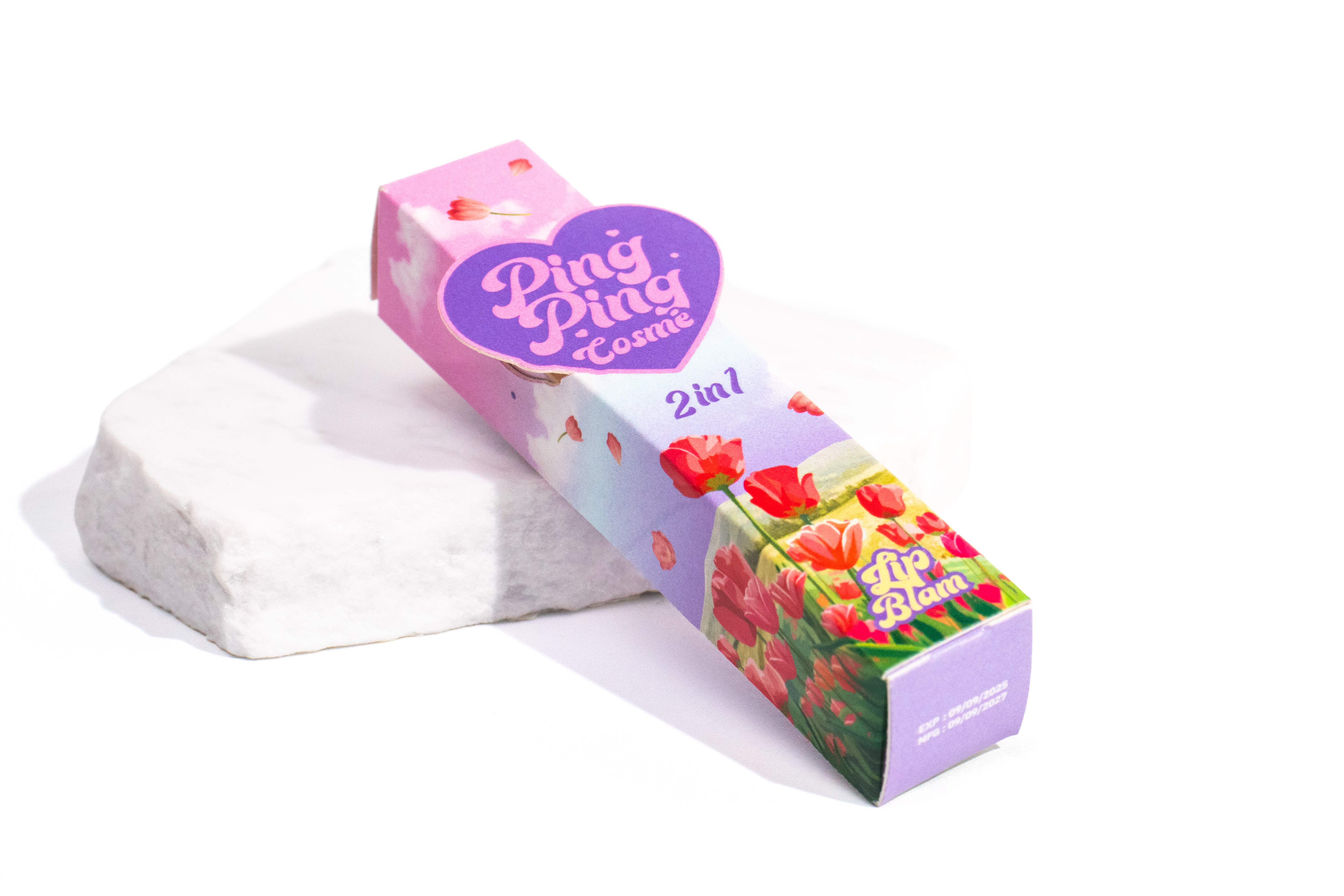 รูปตัวอย่างงานผลิตกล่องเครื่องสำอาง Ping Ping Cosme Lip Balm จาก Box Corner Art