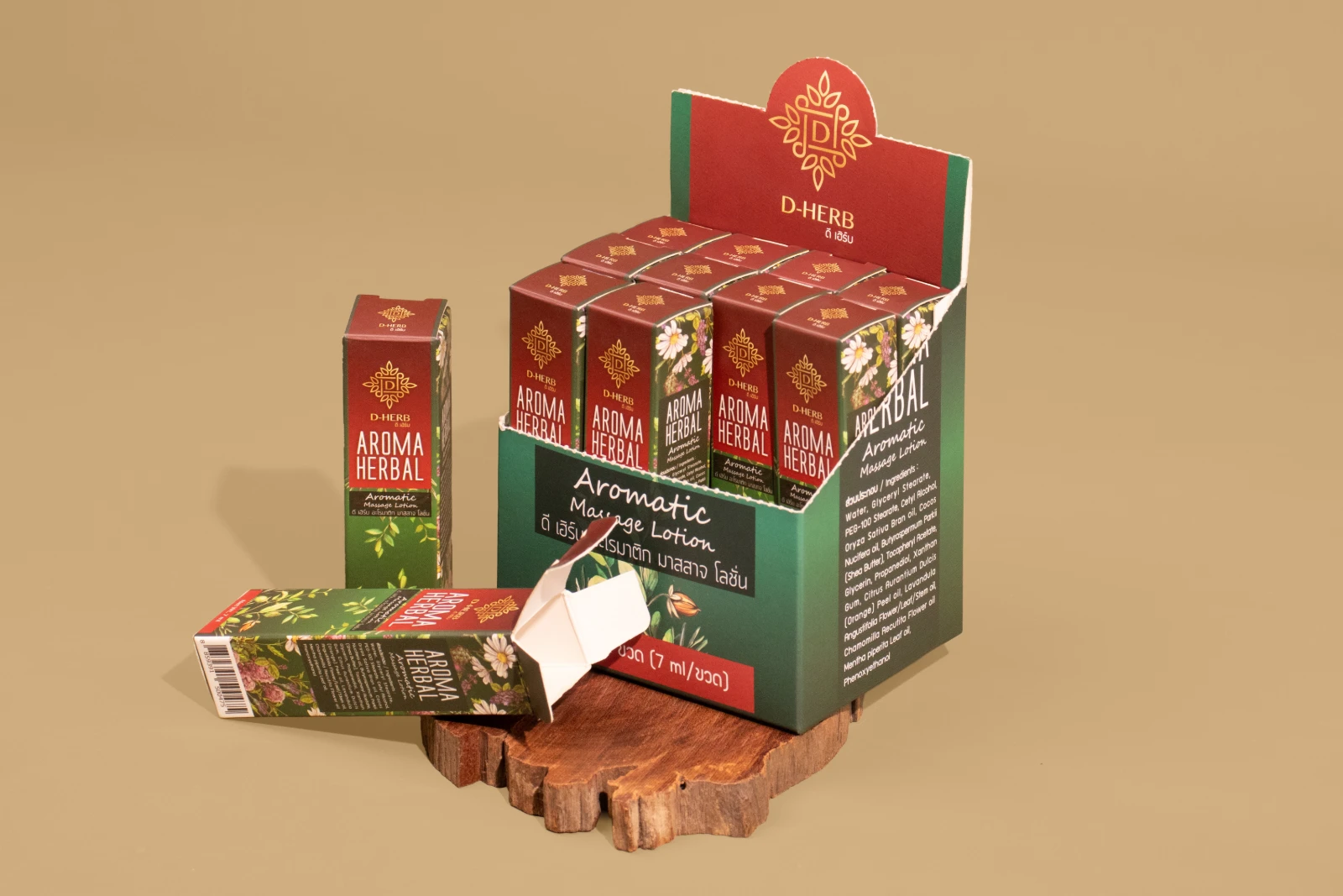 รูปตัวอย่างงานผลิตกล่องเซ็ต D-HERB Aroma Herbal Aromatic Massage Lotion จาก Box Corner Art รูปที่ 3