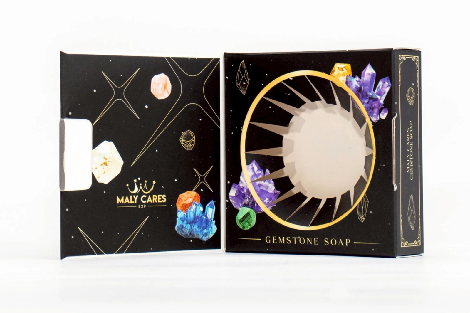 รูปตัวอย่างงานผลิตกล่องทรงสมุด Mali Cares Gemstone Soap ทรงสมุด จาก Box Corner Art รูปที่ 2