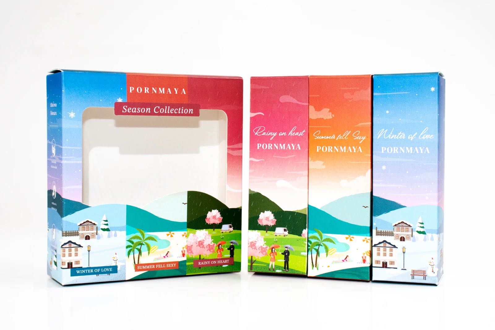 รูปตัวอย่างงานผลิตกล่องเซต/โหล กล่องเซต Pornmaya น้ำหอม Season Collection เจาะหน้าต่าง จาก Box Corner Art รูปที่ 5