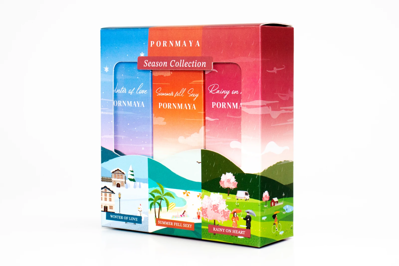 รูปตัวอย่างงานผลิตกล่องเซต/โหล กล่องเซต Pornmaya น้ำหอม Season Collection เจาะหน้าต่าง จาก Box Corner Art รูปที่ 2