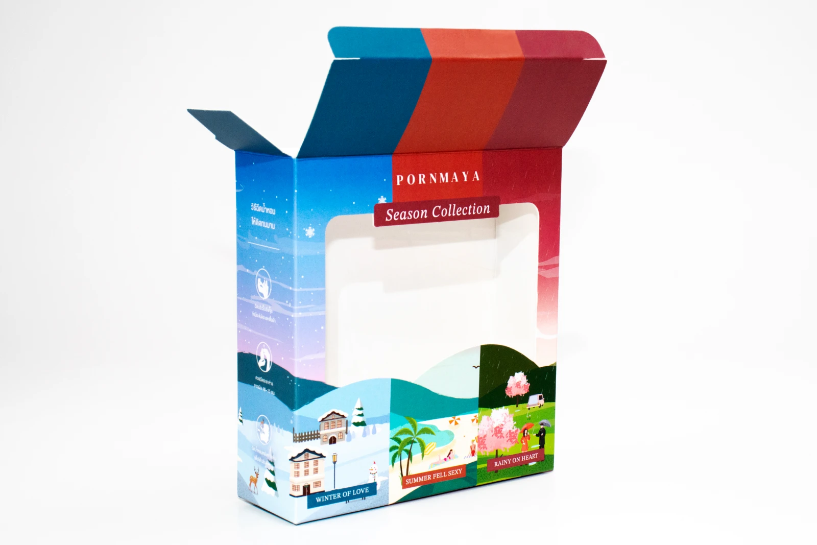 รูปตัวอย่างงานผลิตกล่องเซต/โหล กล่องเซต Pornmaya น้ำหอม Season Collection เจาะหน้าต่าง จาก Box Corner Art รูปที่ 4
