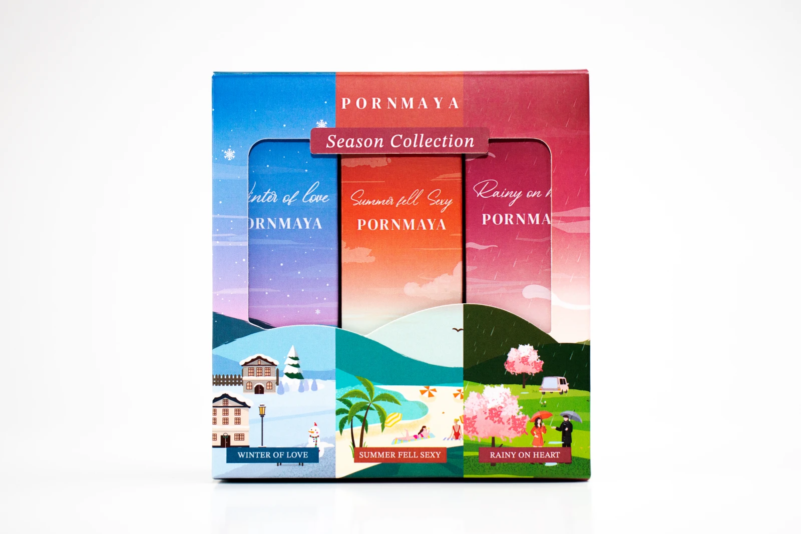 รูปตัวอย่างงานผลิตกล่องเซต/โหล กล่องเซต Pornmaya น้ำหอม Season Collection เจาะหน้าต่าง จาก Box Corner Art