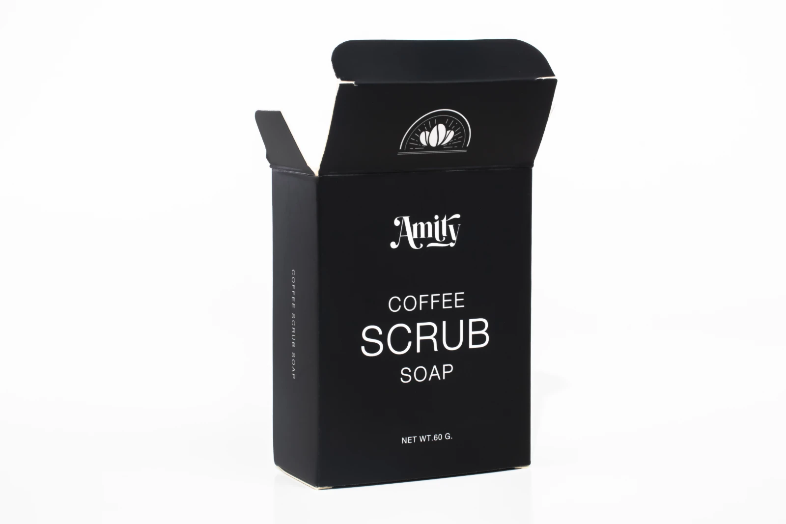 รูปตัวอย่างงานผลิตกล่องสบู่ Amity Coffee Scrub Soap กล่องฝาเสียบสีดำ จาก Box Corner Art