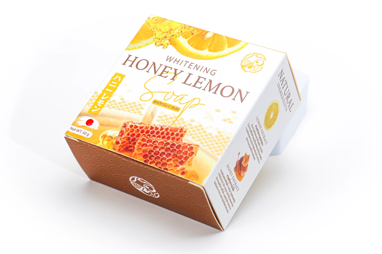 รูปตัวอย่างงานผลิตกล่องสบู่ Honey Lemon Soap กล่องฝาเสียบลายน้ำผึ้งมะนาว จาก Box Corner Art