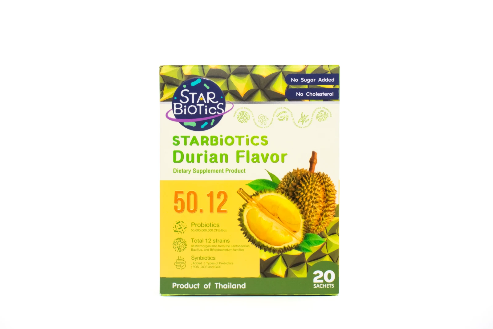รูปตัวอย่างงานผลิตกล่องเสริมอาหาร StarBiotics Durian Flavor กล่องฝาเสียบ จาก Box Corner Art