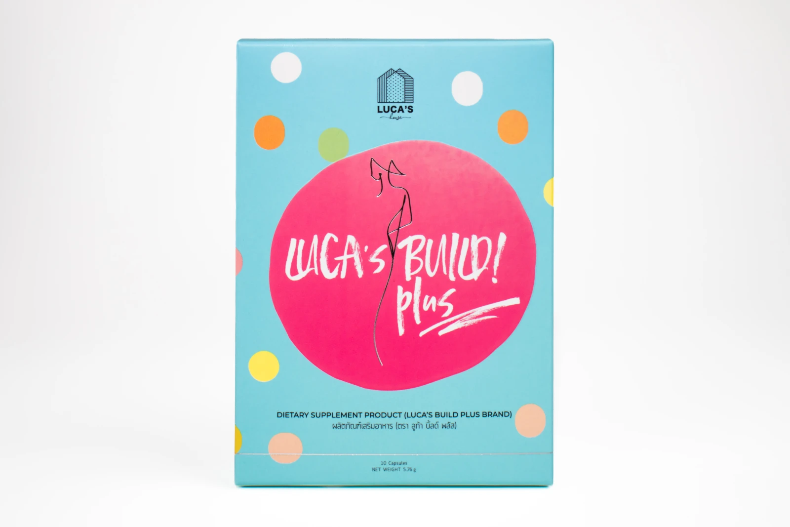 รูปตัวอย่างงานผลิตกล่องเสริมอาหาร LUCA’S Build Plus แบบติดกาวบน–ล่างมีรอยปรุ จาก Box Corner Art