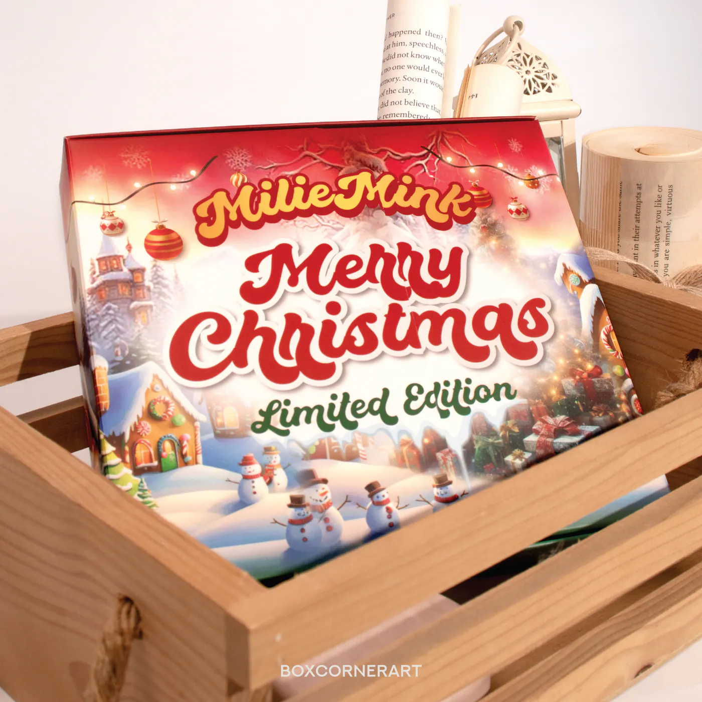 รูปตัวอย่างงานผลิตกล่องเซ็ต Milliemink Christmas Gift จาก Box Corner Art