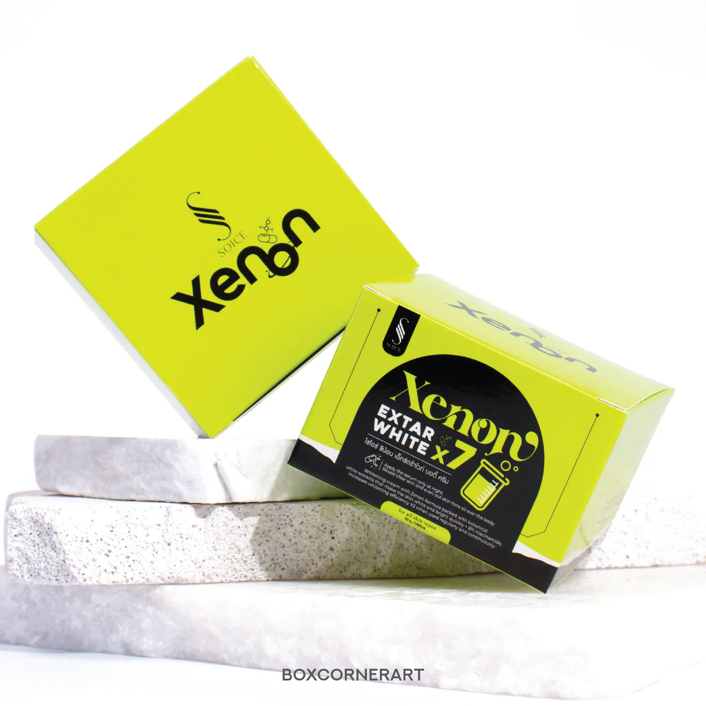 รูปตัวอย่างงานผลิตกล่องครีม Xenon Cream สีเขียว จาก Box Corner Art