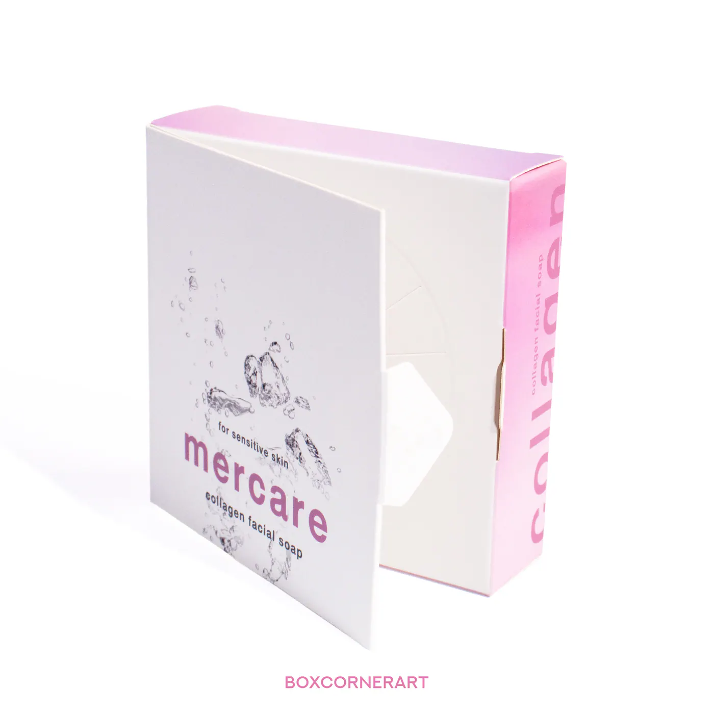 รูปตัวอย่างงานผลิตกล่องสบู่ Mercare Collagen Facial Soap จาก Box Corner Art